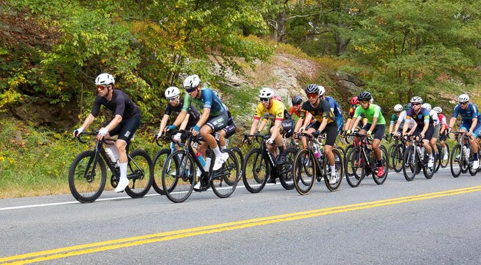 Cyclists riding together on a wooded road